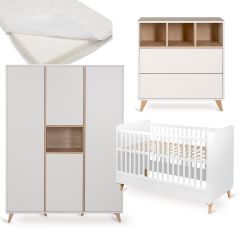 Loft babykamer: bed 70 x 140 cm + matras + commode + kledingkast XL 4 deuren