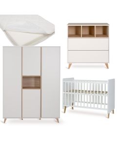 Loft babykamer: bed 60 x 120 cm + matras + commode + kledingkast XL 4 deuren