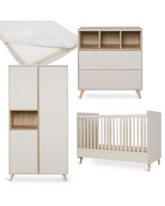 Loft babykamer: bed 70 x 140 cm + matras + commode + kledingkast 3 deuren