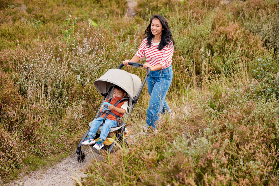 Mama die baby voortduwt in kinderwagen